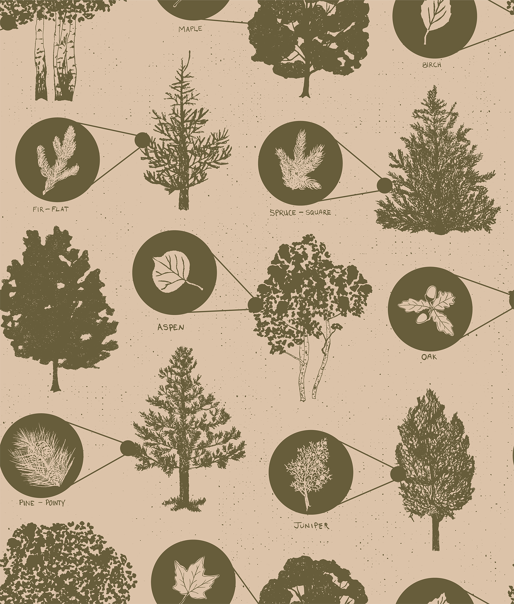 A room with white walls covered in a blue and brown nature-themed wallpaper featuring hand-drawn illustrations of trees and leaves. The room also has wooden furniture and a patterned area rug.